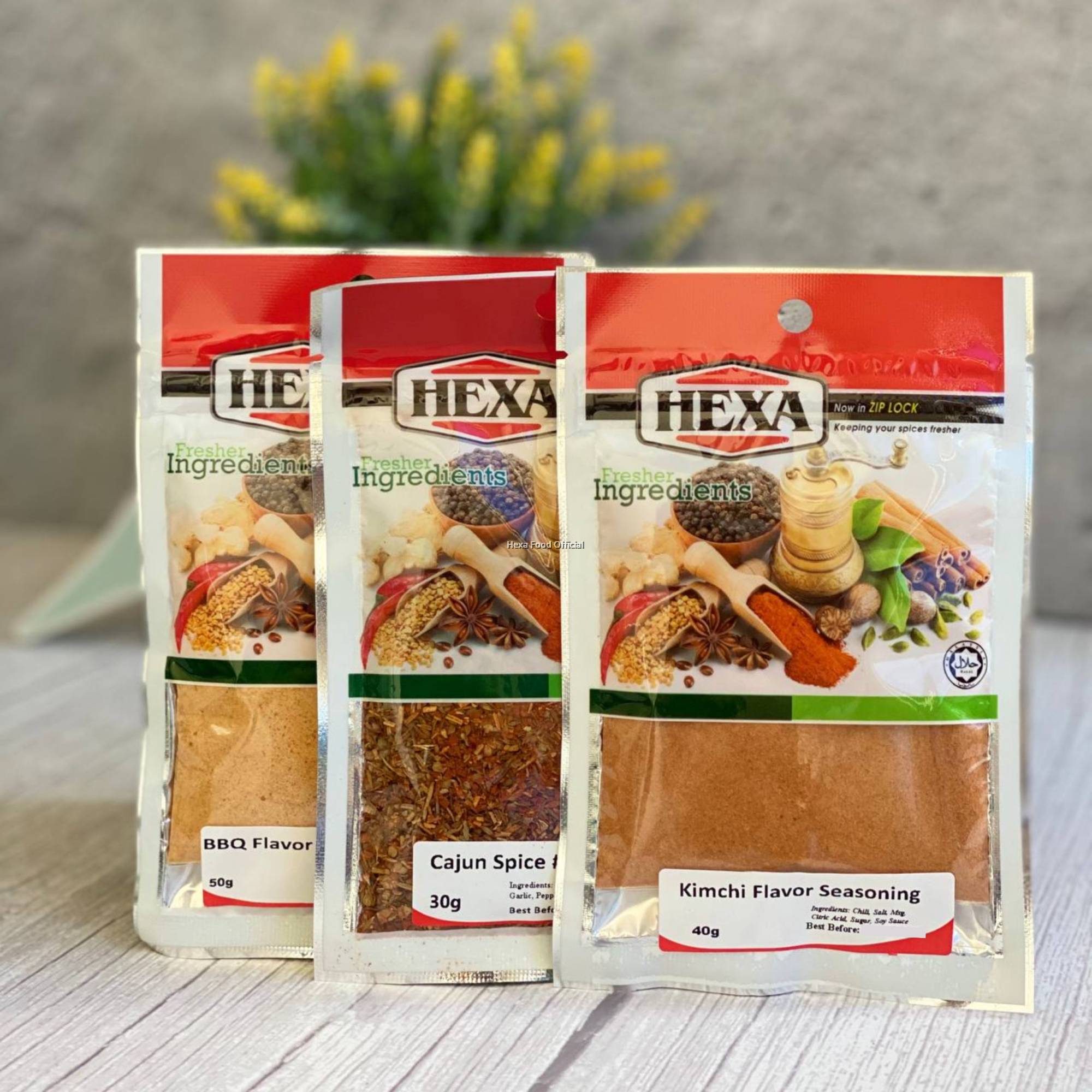 HEXA HALAL Kimchi 40gm HEXA HALAL Cajun Spice 102 30gm HEXA HALAL BBQ